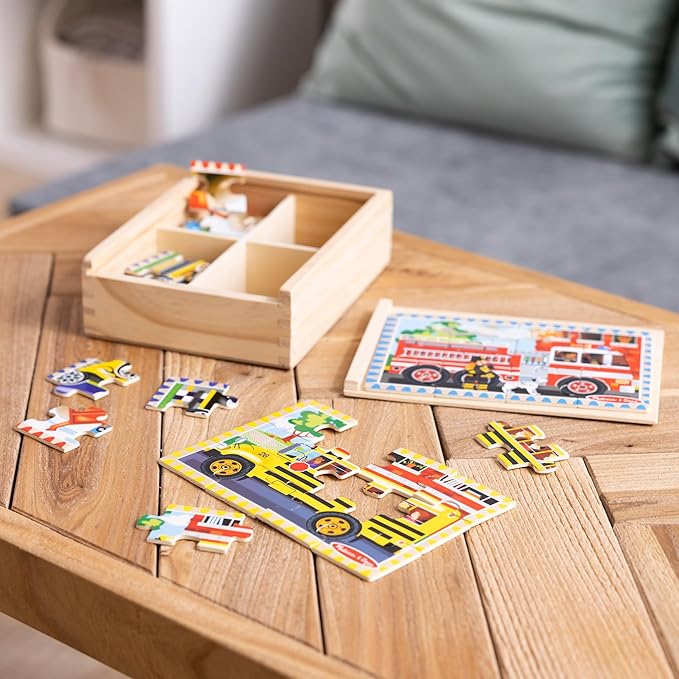 Melissa & Doug 4‑in‑1 Wooden Vehicle Jigsaw Puzzle Set, 48 Pieces with Storage Box, Toddler Puzzle Toy for Kids Ages 3+- FSC Certified