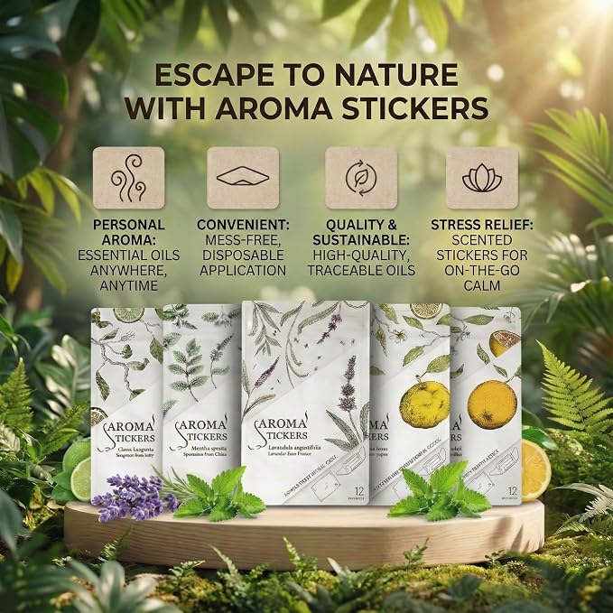 AROMA STICKERS® (Yuzu, Pack of 1) - 100% Natural Essential Oil Mask Stickers for Face Mask & Pillow (12 Stickers/pc) -Pure Essential Oil Scented Mask Patch/Personal Aroma/Relaxing