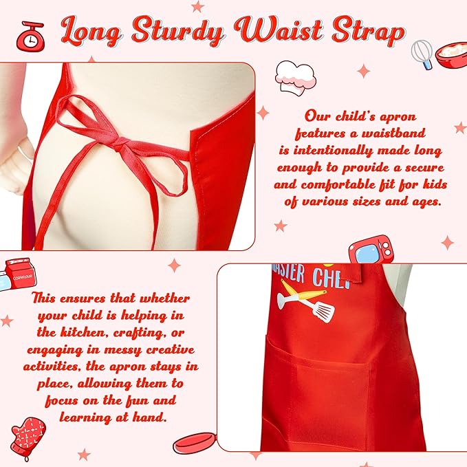 R HORSE 2Pcs Kid Apron and Chef Hat Set, Adjustable Children Red Kitchen Toddler Apron for Girls, Cooking Baking Painting and Training Kits Role Play Chef Toy Funny Cooking Gift Birthday Gift for Kids