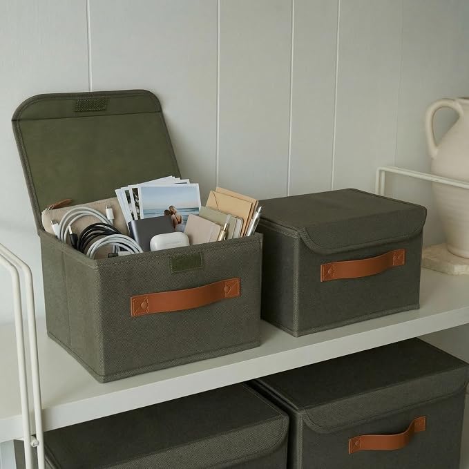 Decorative Linen Storage Boxes with Lids - Spacious Set of 2 Organizer Bins | The Perfect Small Container for Home Decor - Safely Store Photos, Documents and Memory Box Keepsakes in Style