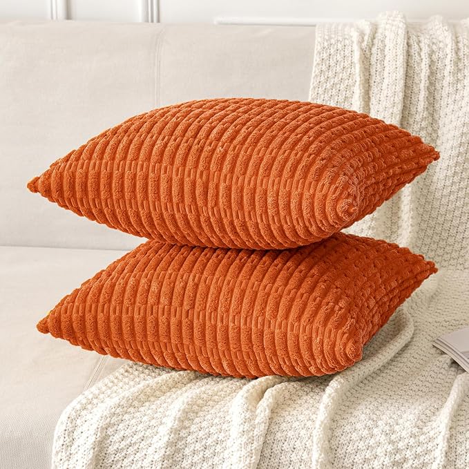 MIULEE Fall Corduroy Decorative Throw Pillow Covers 20x20 Orange Pack of 2 | Soft Boho Striped Pillow Covers Modern Farmhouse Autumn Home Decor For Sofa Living Room Couch Bed