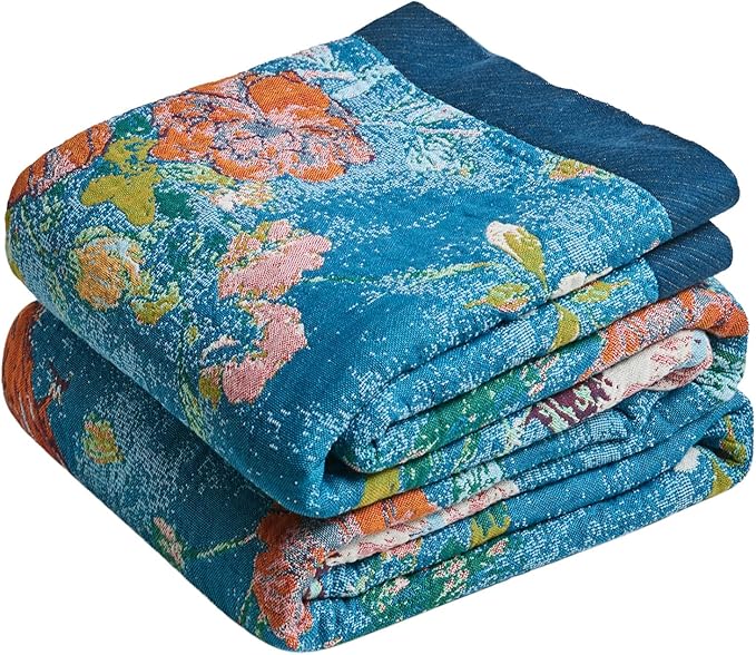 LUTBM Boho Throw Blanket for Couch 50"x60", Cotton Decorative Bed Throw | Blue Reversible Floral Birds Embroidery, All-Season Lightweight Breathable Blankets, For Chair Sofa Bedroom Living Room Decor