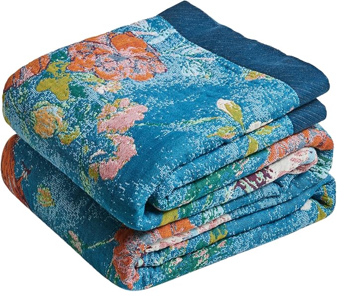 LUTBM Boho Throw Blanket for Bed 60"x80", All Season Cotton Couch Blankets | Blue Reversible Floral Birds Jacquard, All-Season Lightweight Twin Quilt, For Chair Sofa Bedroom Living Room, Home Decor