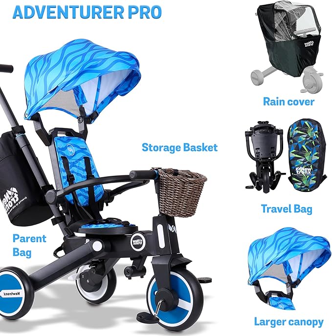 Adventure Pro Summer Edition - Foldable Tricycle for Toddlers-Big Canopy, Basket,Travel Backpack and Parent Bag - Toddler Tricycle for Ages 10 Months to 5 Years (Waves/Blue)