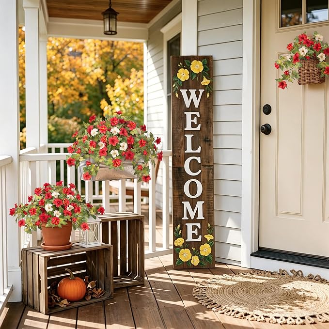 Ammyoo Artificial Fall Flowers Fake Petunias Plants for Outdoor Decoration | 4 Pcs No Maintenance Faux Silk Flowers UV Resistant Floral for Garden Window Porch Patio Real Looking Indoor Autumn Decor