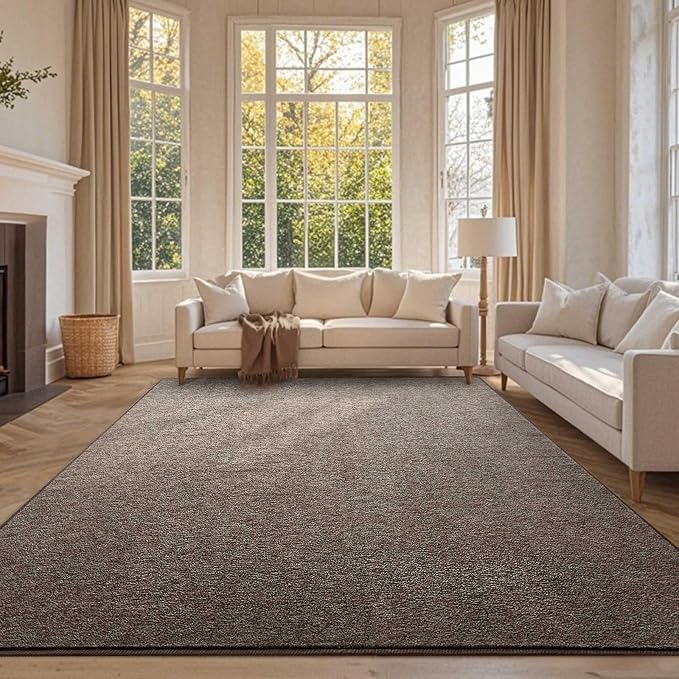 FinRèc 7x10 Washable Area Rugs for Bedroom Living Room, Low Pile Thin Rug Solid Color, Non-Slip Carpet Indoor for Home Decor (Brown/White)