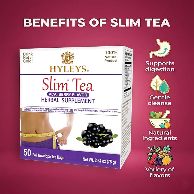 Hyleys Slim Tea Weight Loss Herbal Supplement with Acai Berry - Cleanse and Detox - 50 Tea Bags (1 Pack)