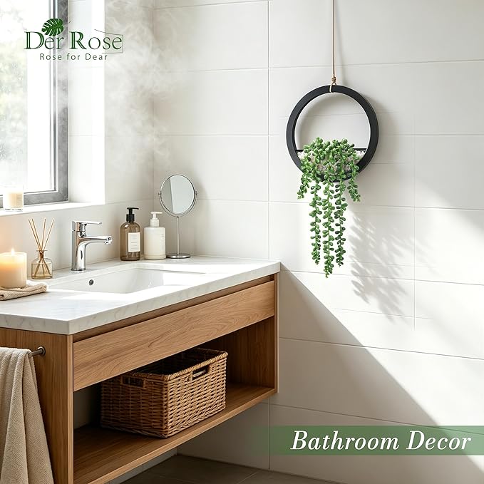 Der Rose 2 Pack 16" Artificial Hanging Plants in Black Pots for Wall Decor | Hanging succulents plants，faux string of pearls plants,great for bathroom bedroom living room boho wall decor，fresh all year