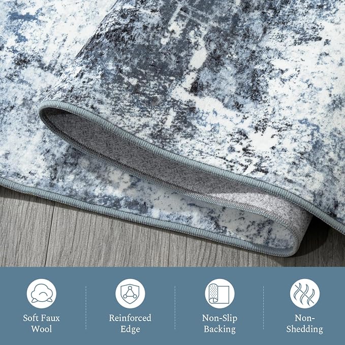 Rugflix 5x7 Area Rugs for Living Room, Washable Light Blue Grey Large Rug | Machine Washable; Stain-Resistant; Low Pile; Non-Slip; Modern Abstract; Black Carpet for Bedroom Dining Office Nursery Home