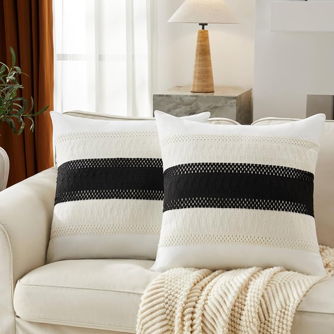 2pk Boho Pillow Covers 22x22, Natural White/Contrast/Black | 100% Organic Cotton Body, Stripe Embroidery, Farmhouse Decorative Cushion Covers for Sofa Bed Living Room Home Decor
