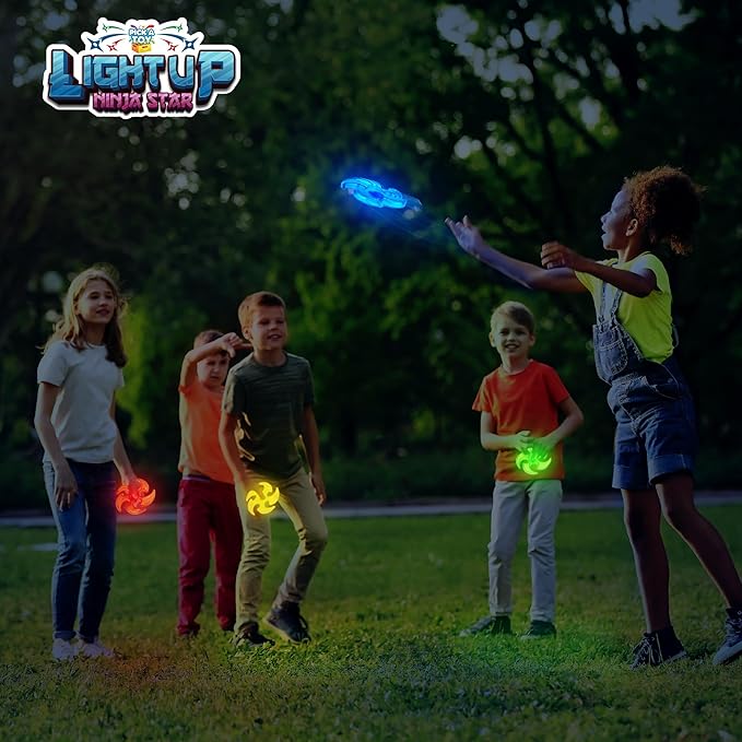 PICK A TOY Light Up Ninja Flyers Set, 4 LED Electronic Stars, Heavy Duty Rubber Throwing Discs, Interactive Kids Toys for Tossing Games and Play, 4 Colors (Red, Blue, Yellow, Green)