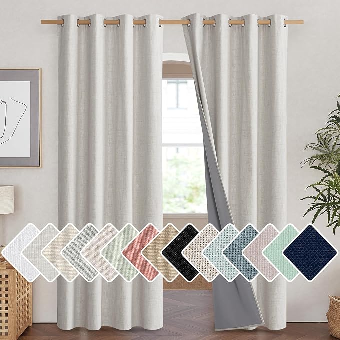 NICETOWN Snowbound Vintage Linen 100% Blackout Curtains for Living Room, Thermal Insulated Curtains 90" Long, Noise Reducing Window Treatment Drapes for Home Cinema, 52" Wide Per Panel, Set of 2