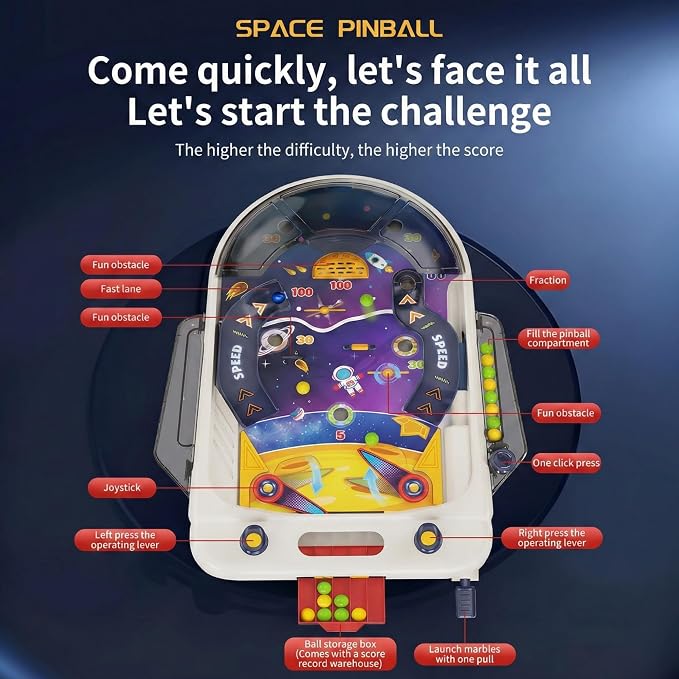 Tabletop Pinball Machine — Space Board Game with Obstacles, Pull-Rod Launcher, Two-Hand Controls, Ball Storage Tray, 1-2 Player Arcade Games for Kids Ages 3+