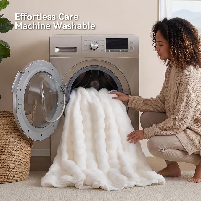 Faux Rabbit Fur Throw for Couch - Cream White Bubble Blanket 60"x80" | Fluffy Plush Fuzzy Throw for Sofa & Bed, Super Soft Cozy Comfrt Blanket, Luxury Aesthetic White Decor Gift for Women