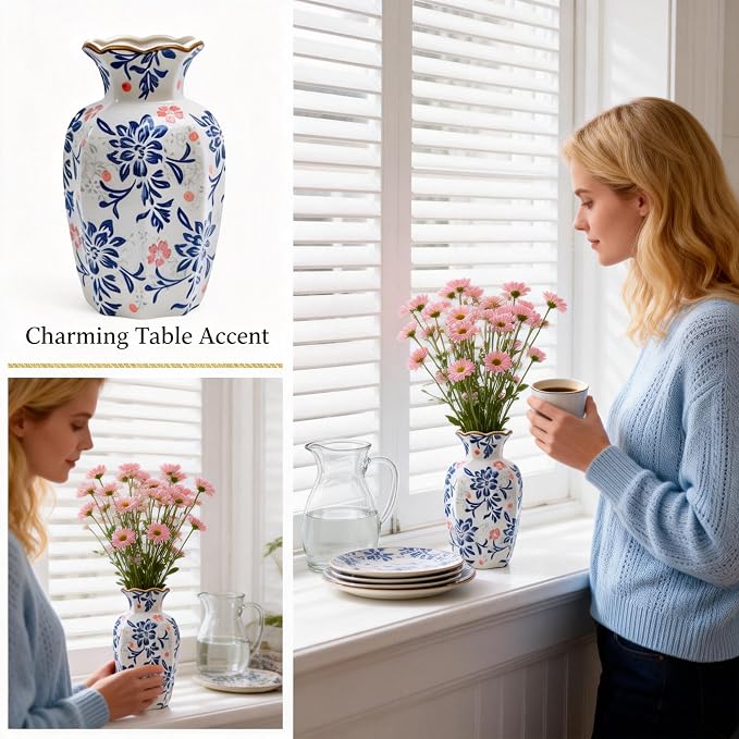 9.4 Inch Tall Ceramic Flower Vase Blue and White - Chinoiserie Decor Vase for Home Decor, Wedding Centerpiece, Gift Idea - Handmade Ceramic Vase for Fresh or Dried Flowers