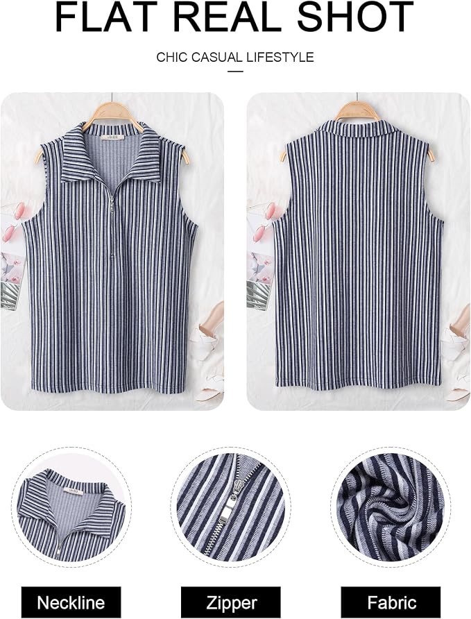 Vivilli Womens Ribbed Tank Top Zipper V Neck Dressy Casual Blouses Sleeveless Camisole Tops Work Tank Polo Shirts