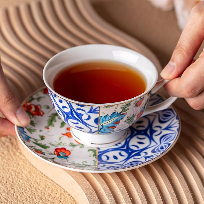 BTaT- Floral Tea Cups and Saucers, 8 oz, Fine Porcelain Teacup Set with Gold Trim for Afternoon Tea, Weddings, Parties & Gifting, Dishwasher Safe, Lightweight, Non-Toxic, Set of 6