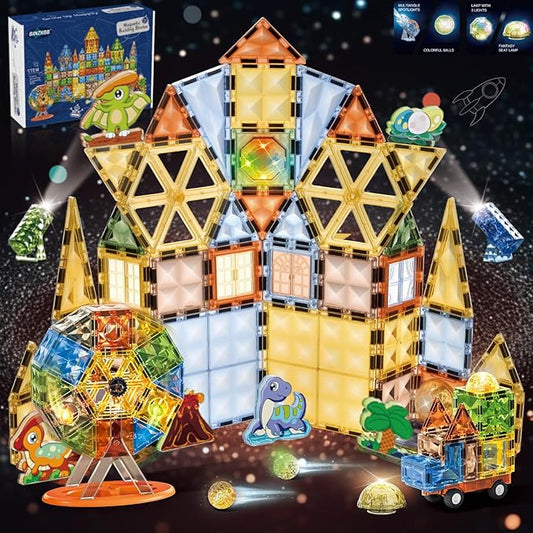 BINZKBB Magnetic Tiles 110PCS - 3D Lighted Magnet Building Blocks for Kids,Creative Dinosaur Toys Educational Sensory Stack STEM Construction Toys for Kids Ages 3 4 5 6 8 10+ Year Old Boys Girls