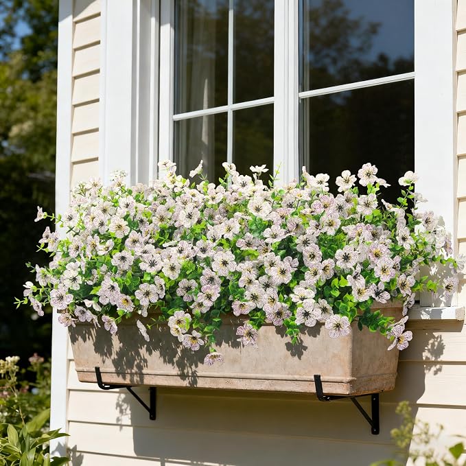 Ouddy Decor 12 Pcs Artificial Flowers for Outdoors Decorations, White | Lifelike silk flowers, UV resistant, faux plastic plants, for garden porch window table vase home indoor outdoor decor