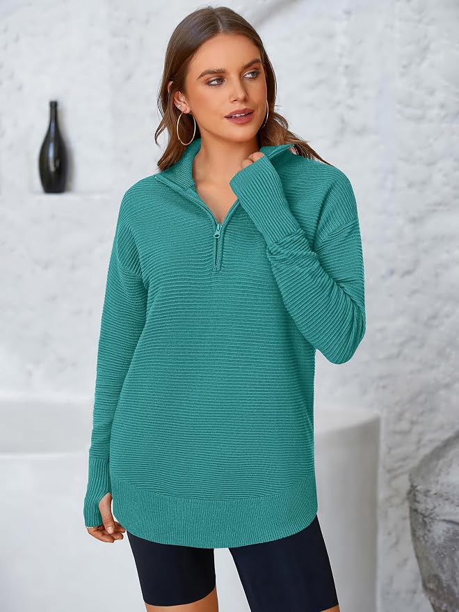 PRETTYGARDEN Womens Long Sleeve Quarter Zip Pullover Sweater Casual Loose V Neck Collared Ribbed Knit Jumper Tops Thumb Hole