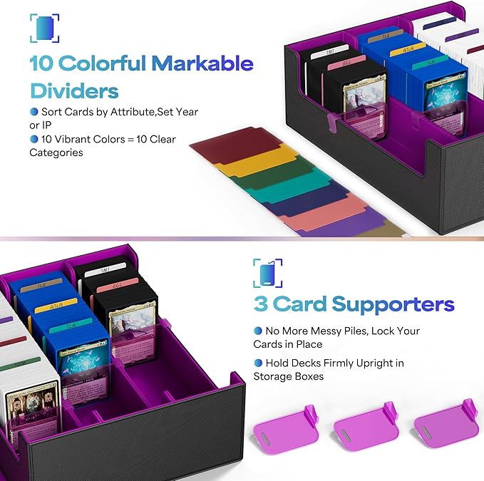 UAONO Trading Card Storage Box, Holds 1800 Sleeved Cards with 10 Dividers & 3 Stoppers, Magnetic Closure PU Leather Card Case for MTG, PTCG, YGO, Sports Cards (Black&Purple)