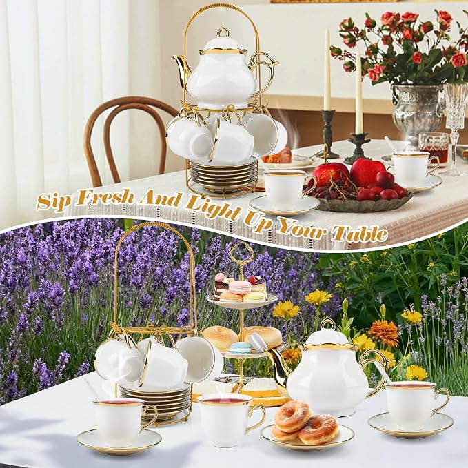 20 Pcs Porcelain Tea Set with Metal Holder, Adult Tea Set Gift, European Ceramic Tea Set for Adults, Flower Tea Cup Saucer Set for Party With Gold Trim(French White/1100ml)