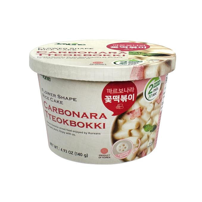 Jayone Cup Tteokbokki, Korean Rice Cake Street Food Snack, Quick & Easy to Cook, Microwavable, Creamy Carbonara Sauce (4 Cups)