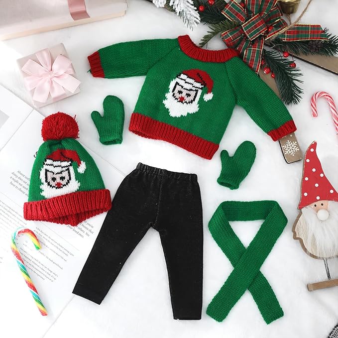 6 Pcs Christmas 18 Inch Doll Clothes and Accessories Winter Outfits Set Sweaters Trousers Hats Shoes for 18 Inch Doll Gift(Green and Red,Santa Claus)
