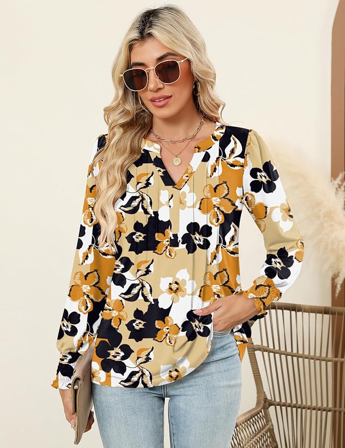 LOMON Womens Tops Dressy Casual Pleated Ruffle Long Sleeve Tunics Tops to Wear with Leggings V Neck Work Blouse