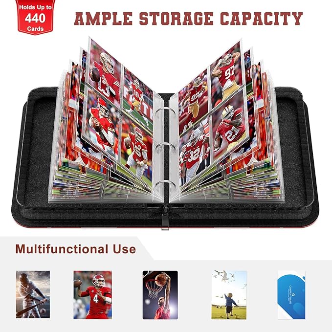 Mlikero 440 Pockets Football Card Binder, Sports Card Binder with Card Display Design, Premium Card Ablums with Sports Pattern Wristband Fit for Football Cards 2025