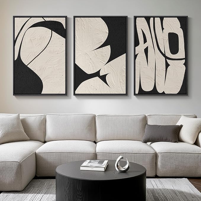Large Framed Neutral Abstract Wall Art, 3 Piece Black and Beige, 24x36 In | Modern artwork, Canvas prints paintings, Wood frame, Minimalist abstract pictures, Wall decor for living room hallway office