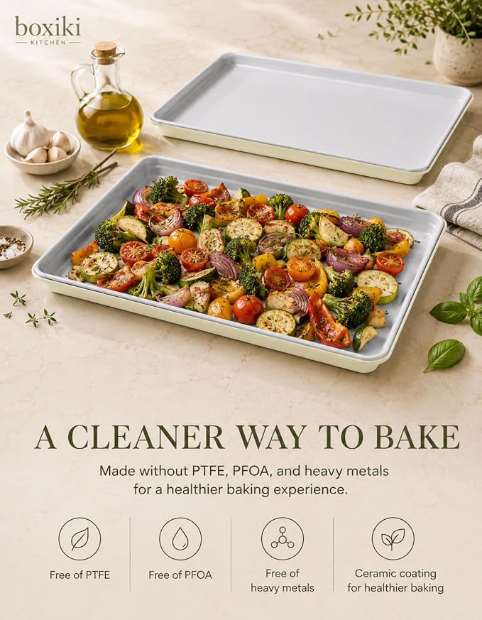 Boxiki Kitchen Ceramic Baking Sheet Half Size 17"x11" - Heavy Duty 0.6mm Aluminized Steel Pan, KFCC Ceramic Coating Nonstick Cookie Sheet, Oven Safe to 550°F, Rustproof & Warp Resistant Baking Tray