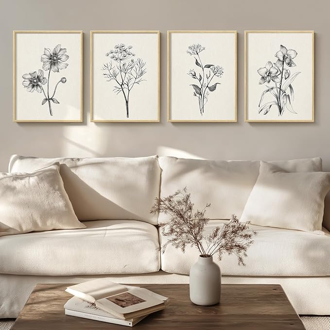 Framed Minimalist Black and White Floral Wall Art, 4 Piece Neutral Rustic Botanical Canvas Prints for Modern Farmhouse, Vintage Flower Pictures for Living Room Bedroom Kitchen Wall Decor, 12x16 Inch