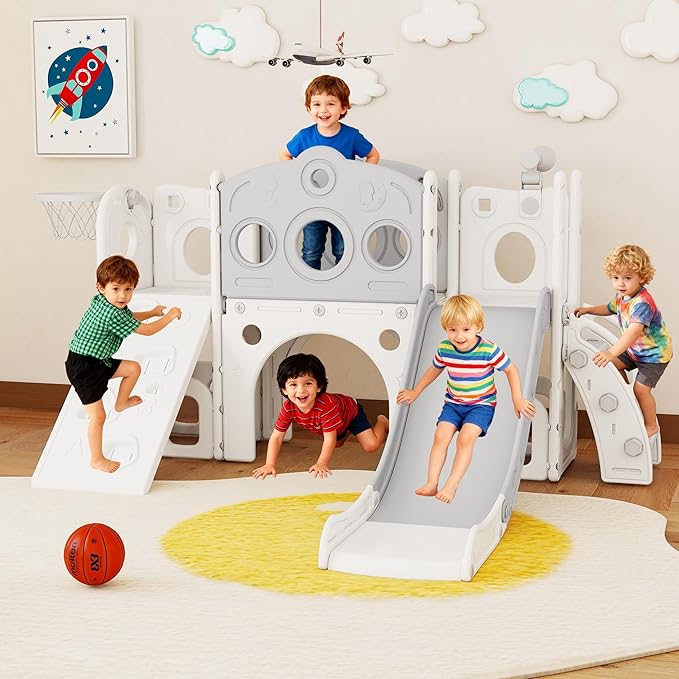 GITAWUSA 9 in 1 Toddler Slide Set Playground Indoor & Outdoor Fun for Kids & Babies Aged 1-3, Featuring Climbing Board, Basketball Hoop, Telescope, Storage Space and Non-Slip Steps, Gray & White