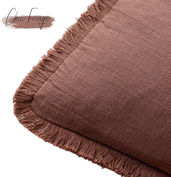 Foindtower Set of 2 Decorative Linen Fringe Lumbar Throw Pillow Covers Boho Farmhouse Cushion Cover with Tassels Soft Accent Pillowcase for Couch Sofa Bed Living Room Home Decor,12×24 Inch,Rust Red