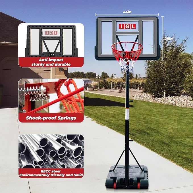 IGL Portable Basketball Hoop, 5.6-10FT Adjustable Basketball Goal System, 40/44 Inch Outdoor Basketball Hoop & Goals for Kids, Youth, and Adults in The Backyard, Driveway with PC Backboard