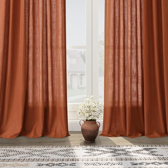 Linen Blend Terracotta Curtains 96 inches Long 2 Panel Back Tab Rod Pocket Rustic Farmhouse Boho Curtains for Dining Room Semi Sheer Brick Burnt Bohemian Fall Decor Rust Curtain 96 inch Length