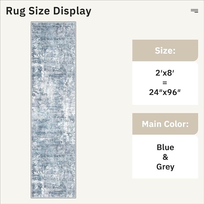 Soalmost Abstract Runner Rug 2x8 Washable Hallway Kitchen Runners Blue/Grey | Stain Resistant Vintage Rugs for Bathroom Laundry Room, Low Pile Foldable Floor Carpet Mat for Entryway Corridor Bedroom