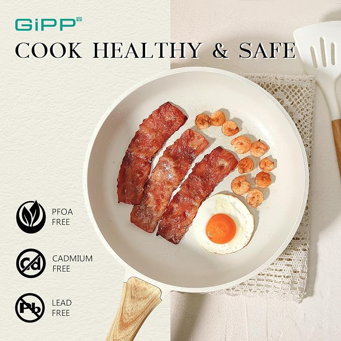GiPP Non Stick Frying Pan Set - 9.5" 10.2" 11" Granite Nonstick Pan Skillet, Non Toxic Pans for Cooking, Omelette Pans with Stay Cool Handle, Induction Compatible, PFAS/PTFE/PFOA Free, White