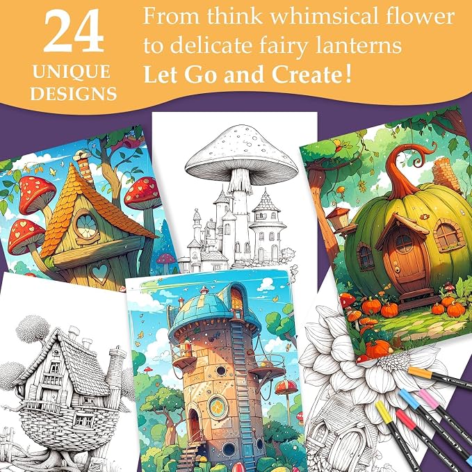 Adult Coloring Books for Women Stress Relief, 24 Pages Coloring Book for Adults Relaxation, Spiral Coloring Books for Adult, Relaxing Gift for Women, Single-Sided Coloring Book of Fantasy House