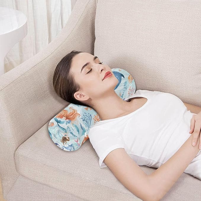 Watercolor Mermaid Dolphin Blue Neck Roll Pillow Bolster Round Health Memory Foam Long Cervical Cylinder Pillows with Removable Washable Cover for Body Bed Legs Back Yoga