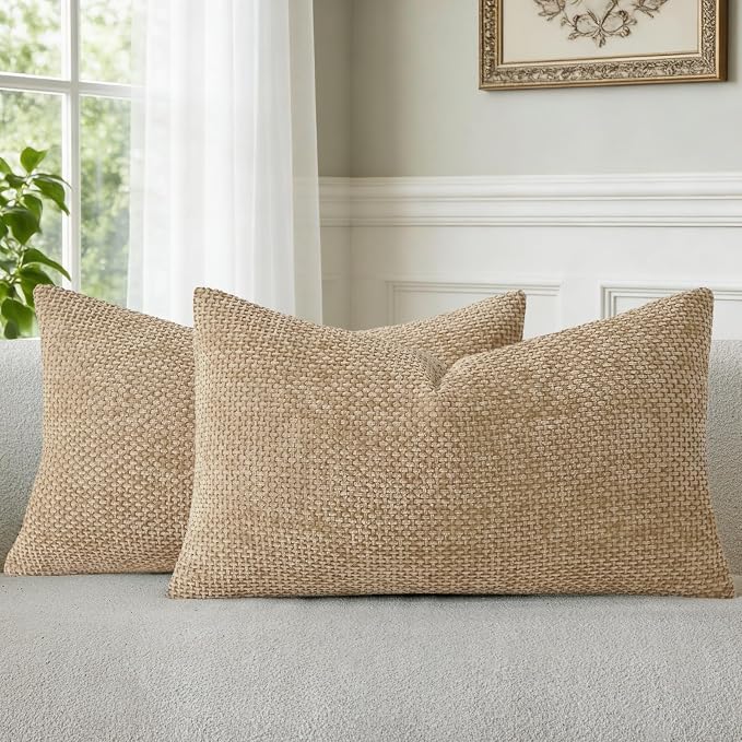a moment Light Brown Chenille Throw Pillow Covers 12x20 Inch Pack of 2 Modern Decorative Throw Pillow Covers Farmhouse Cross Covers Home Decor for Sofa Bedroom Living Room
