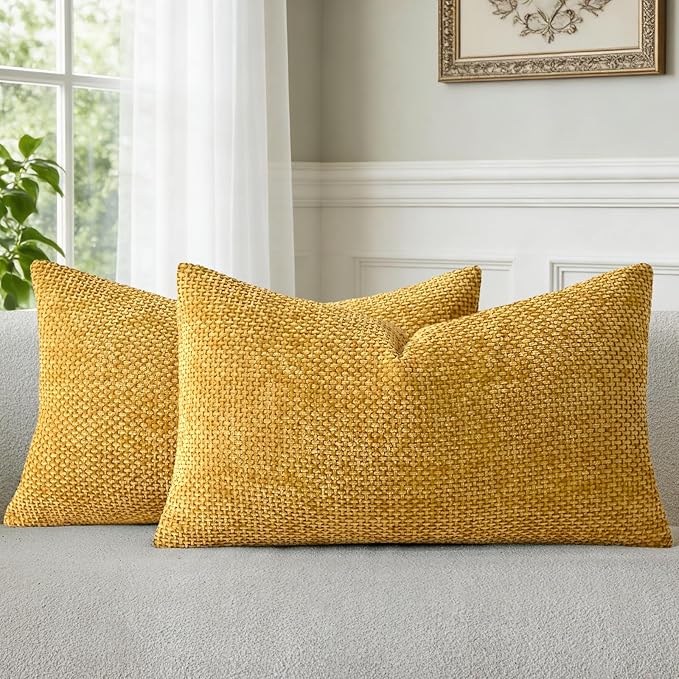 a moment Mustard Yellow Chenille Throw Pillow Covers 12x20 Inch Pack of 2 Modern Decorative Throw Pillow Covers Farmhouse Cross Covers Home Decor for Sofa Bedroom Living Room