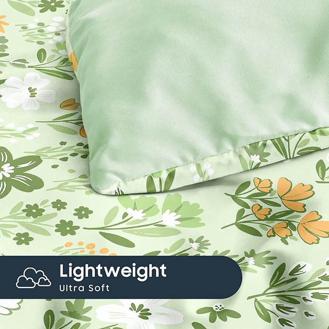 Wake In Cloud - Floral Bedding Set for Girls, Cute Colorful Botanical Flowers Patterned Soft Lightweight Comforter Set with Sheets, 7 Pieces Kids Bed in a Bag, Green, Full Size