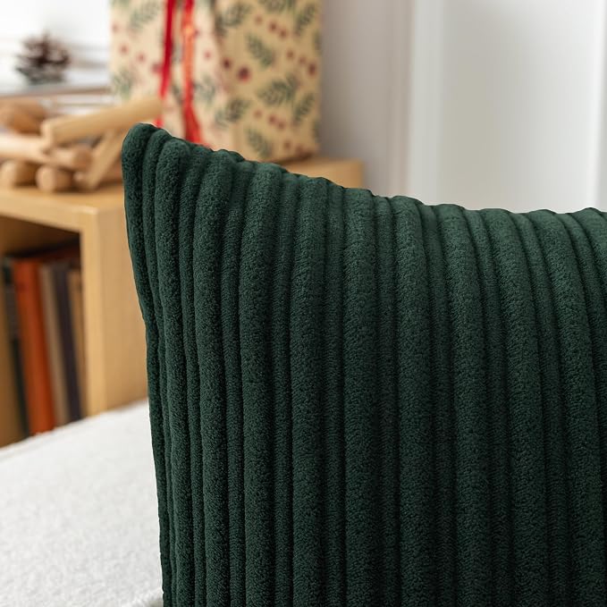 UGASA Velvet 20x20 Inch Soft Throw Pillow Covers Decorative Striped Corduroy Both Sides Solid Square Cushion Cases Boho Farmhouse for Couch Bedroom Sofa Home, Pack of 2, Dark Green