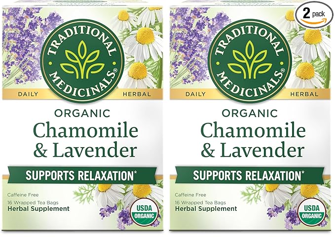 Traditional Medicinals Organic, Chamomile & Lavender - Chamomile Tea Supporting Stress Relief and Relaxation - Kosher, Non-GMO, Caffeine-Free, Compostable - 16 Tea Bags (Pack of 2)