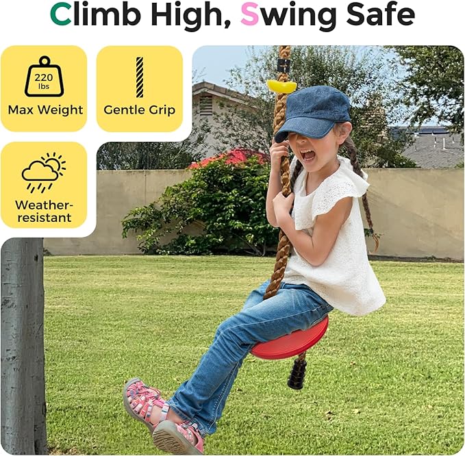 DECORLIFE Tree Swing for Kids 330LB Capacity, Adjustable Climbing Rope with Platforms and Disc Swing Seat Set for Outdoor Backyard Playground Accessories, Including Carabiners and Strap, Red