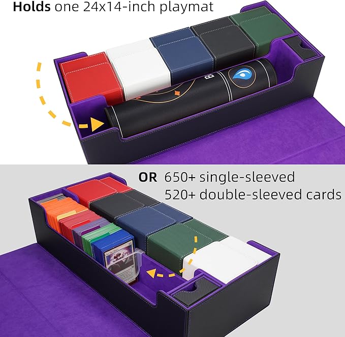 AFIING MTG Deck Box 6 In1 with MTG Playma,Premium Card Storage Box with 5 Pcs MTG Deck Box Holds 2400+ Trading Cards, Large TCG Card Deck Case for Magic Yugioh Sports Cards (Black&Purple)