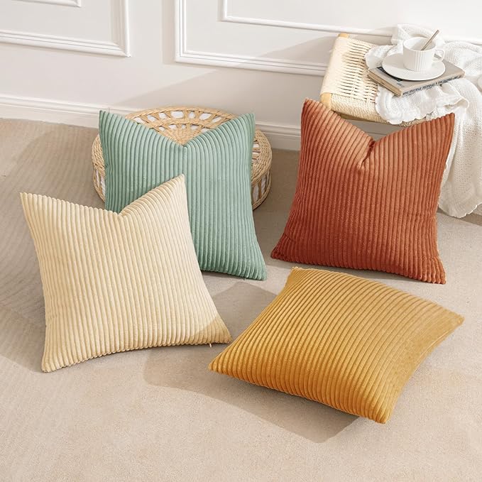 MIULEE Soft Corduroy Decorative Throw Pillow Covers Teal-Rust 18x18 | Set of 4, Mordern Rustic Home Decor, Retro Vintage Set, Boho Farmhouse Cushion Covers for Couch Bed Sofa Living Room
