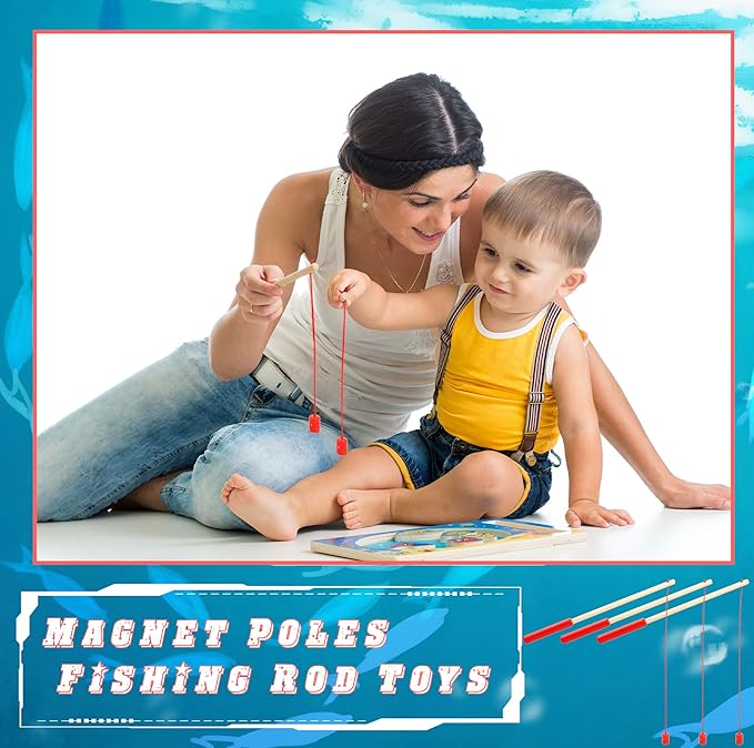 12 Pcs Magnet Fishing Rod Wooden Magnetic Fishing Poles Funny Fishing Pole Toys for Kindergarten Preschool Girl Boy Pool Activity Accessory